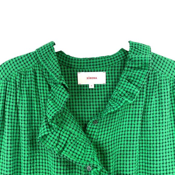 Xirena Hedge plaid ruffle neck Caspian Top blouse Size‎ M green - Picture 4 of 8